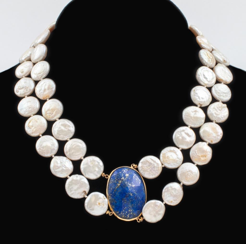 14K Gold Lapis Lazuli & Coin Pearl Necklace (1 of 4)