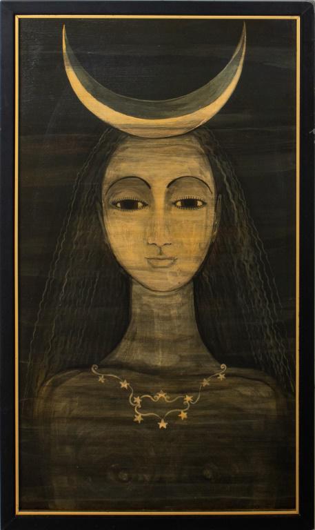 Carlos Perteagudo "Sister Moon" Oil on Board: Carlos Perteagudo (Argentinian, b. 1937) "Sister Moon" oil on board panel painting, signed to lower right and housed in a black frame with gilt border. Image: 13.5" H x 7.5" W; frame: 14.5" H x 8.5" W
