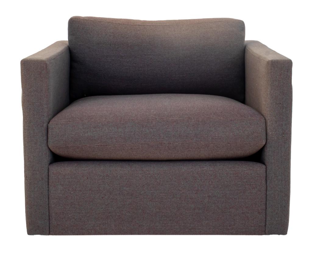 Charles Pfister for Knoll Upholstered Arm Chair: Charles Pfister for Knoll International arm chair in grey and brown tweed upholstery (sun fading) with label reading "Knoll International" to underside. 24" H x 32" W 33" D x 18" seat height