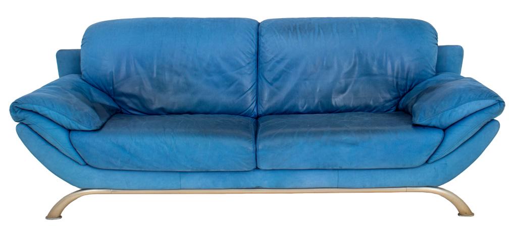 Natuzzi Post Modern Blue Leather Sofa / Couch: Italian Post Modern blue leather sofa / couch with silver metal legs to front by Natuzzi, "Made in Italy" label to bottom, circa 1990s. 33" H x 89" W x 32" D; seated: 17".