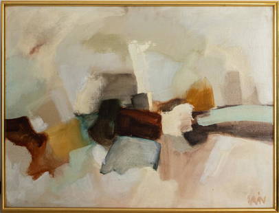 Signed Abstract "Paysage" Oil on Canvas, 1974: Abstract "Paysage / Landscape" oil on canvas painting, in the manner of Nicolas De Stael, bearing the signature "LAVIN" to lower right, signed, titled, dated '74, and marked "Paris" to verso, housed i