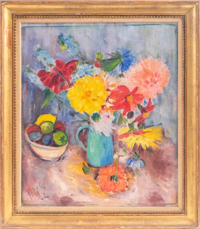 Wagner "Floral Still Life" Oil on Canvas, 1932: Wagner signed "Floral Still Life" oil on canvas painting depicting an impressionistic interior scene with a bouquet of flowers and bowl of fruit on a table, signed "EWS" and dated "'32" lower left, ga