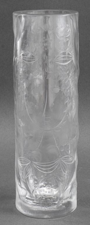 Bjorn Wimblad for Rosenthal Studio Glass Vase: Bjorn Wimblad (Danish, 1918-2006) for Rosenthal Studio tall glass vase, one side enhanced with carved woman portrait, signed "Bjorn Wimblad" to lower right, maker marks to bottom. 9.5" H x 3" in diame