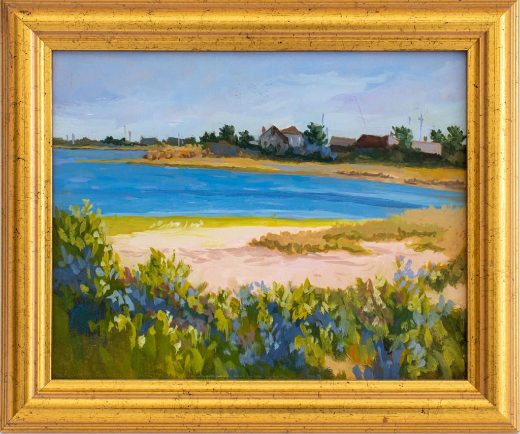 Miriam Dougenis, "Lazy Point", Oil on Panel, 2001: Miriam Dougenis (America, b, 1932), "Lazy Point" oil on board, 2001. Signed, dated, and titled on reverse, "M. Dougenis (signature) 2001/ MIRIAM DOUGENIS / "Lazy Point" 2001 / (EAST HAMPTON)" and numb