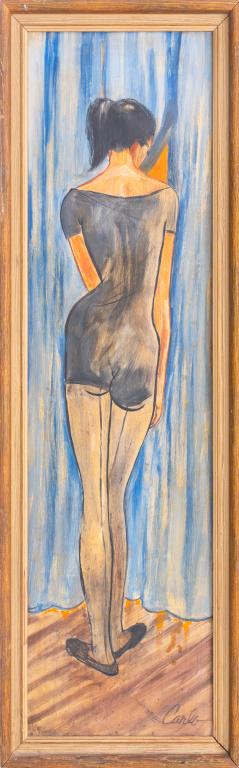 Mid Century Ballerina Acrylic on Board: Mid Century acrylic on masonite depicting a brunette dancer facing a blue curtain seen from behind, signed Carlo to lower right, housed in a wood frame. Image: 35.5" H x 9.25" W; frame: 38" H x 12" W.