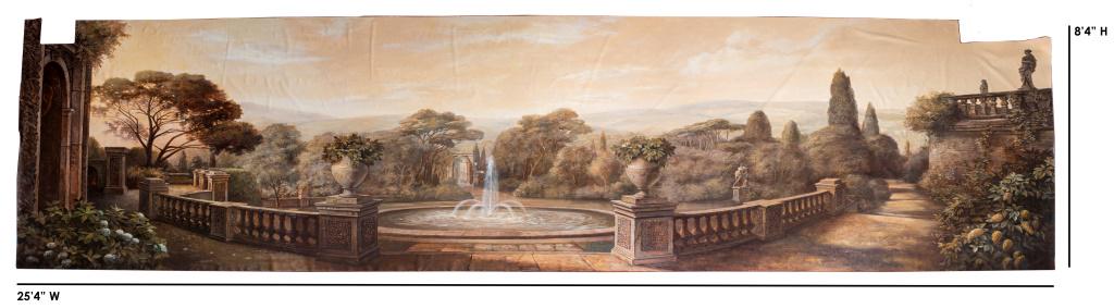 Large Neoclassical Landscape Mural on Canvas: Large Neoclassical hand painted landscape mural on canvas depicting an Italian garden with fountain and architectural elements, by 'Evergreene Architectural Arts', apparently unsigned, twentieth centu