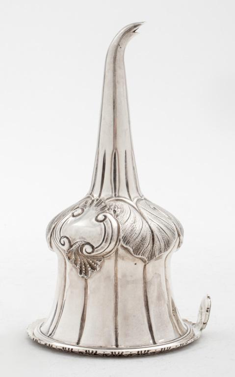 Edward VII Silver Regency Style Wine Funnel: Edward VII period wine funnel in the Regency taste, struck with the hallmarks of Charles Edwards, London 1908, to rim of funnel and to body of strainer, the filter unmarked, with leaf-tip and shell ca