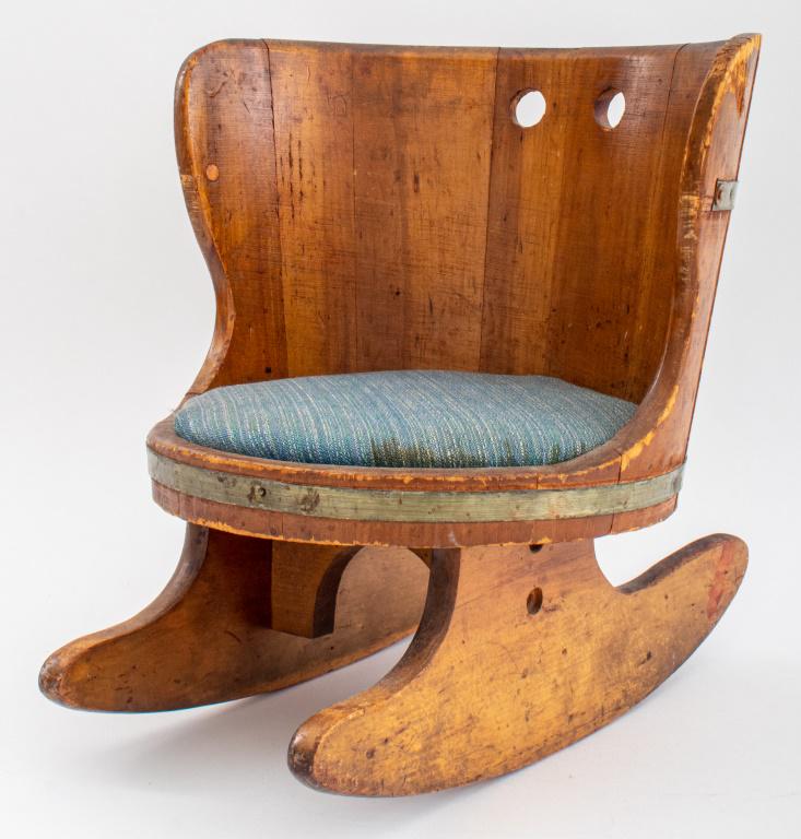 Child's Milk Pail Rocker, 20th C.: Child's rocker, made from a milk pail mounted on rockers and with an upholstered seat, 13.5" H x 13" W x 15" D