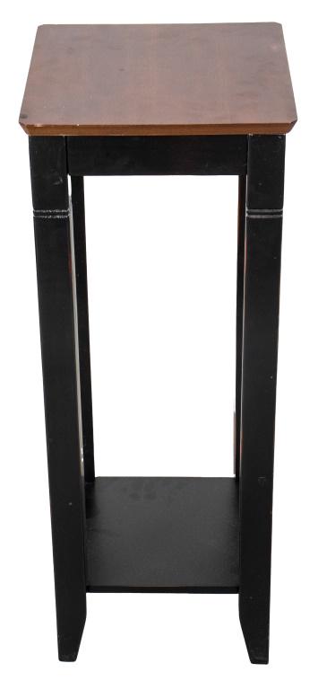 Partially Ebonized Modern Wood Pedestal: Modern wood pedestal, the wooden surface raised on ebonized legs with shelf stretcher. 30.5" H x 11.5" Square.