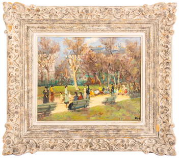 Marcel Dyf "Jardin des Champs Elysees" Oil: Marcel Dyf (French, 1899-1985) "Jardin des Champs Elysees" oil on canvas, depicting a Parisian park scene, signed to lower right, "William Doyle Galleries" label to verso, housed in a carved wood