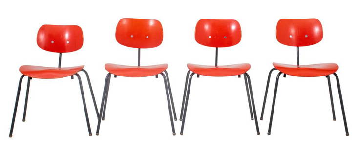 Egon Eiermann For Wilde & Spieth "SE 68" Chairs, 4: Egon Eiermann (German 1904 - 1970) for Wilde & Spieth "SE 68" Chairs (designed 1951), four (4) in original orange finish, with curved back and seat attached to tubular steel frame. 31" H x 18.5" W x 1