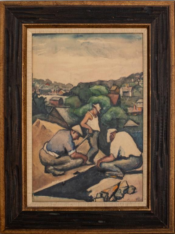 Pollak Signed 'Laborers' Watercolor on Paper (1 of 11)