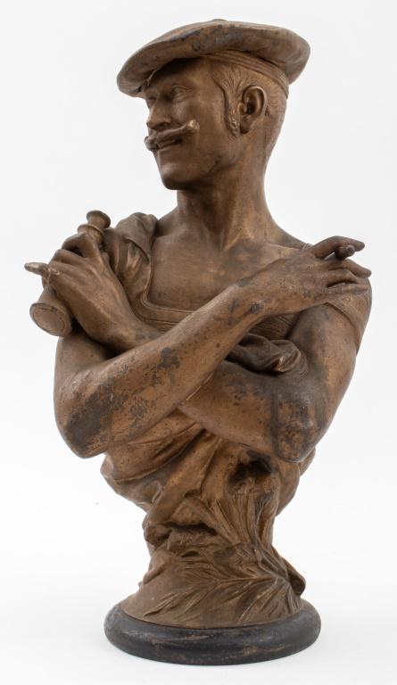 Belle Epoque Gilt Spelter French Sailor Bust: Belle Epoque patinated gilt spelter bust statue sculpture depicting the head and torso of a mustachioed French sailor wearing a striped sailor vest, beret and a ring on his pinky finger, holding a cig