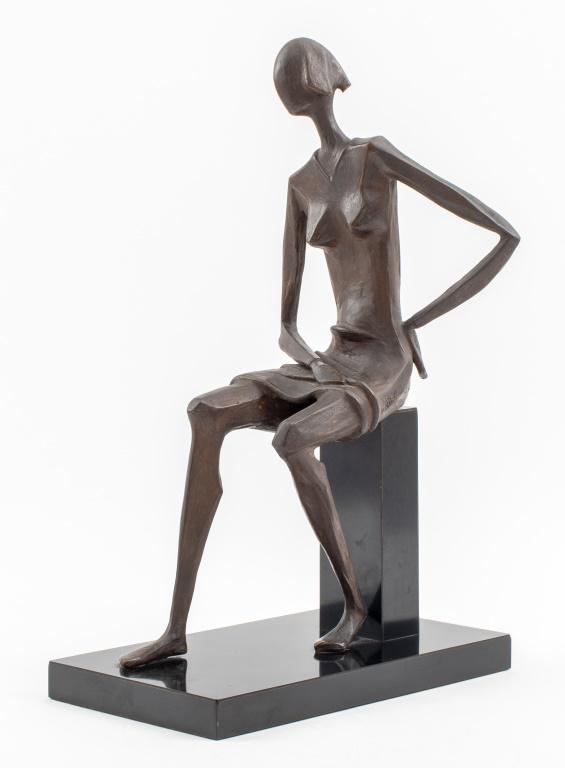 Signed 'Sitting Woman' Bronzed Resin Sculpture: Modern Cubist bronzed resin sculpture depicting a sitting woman, signed "HEIN" to left thigh, mounted on a black lacquered wood base. 19.75" H x 12.25" W x 7" D overall.