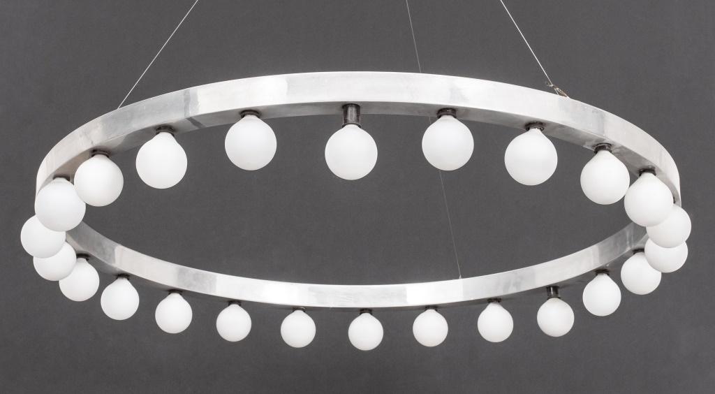 Alvin Lustig Manner Modern Ring Chandelier: Alvin Lustig (American, 1915-1955) manner mid-century modern chandelier, circular metal ring with twenty four lights. 1" H x 30" diameter.