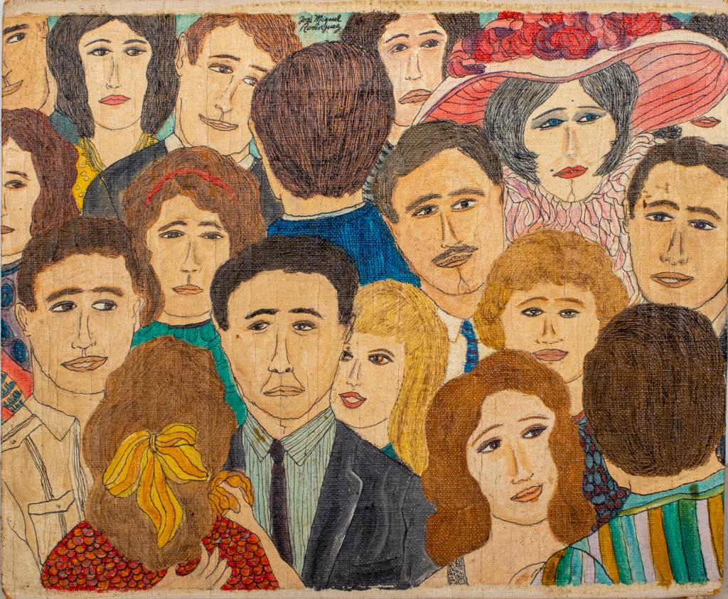Jose Miguel Rodriguez "Why, Myrtle, ..." Oil, 1967: Jose Miguel Rodriguez (Spanish, 1902-1990) "Why, Myrtle, Where Did You Get That Hat!" oil on canvas painting depicting a crowd of faces, signed above and to verso, titled, and dated "'67". 10" H x 12"