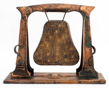 Wm Suckling Ltd, British Arts & Crafts Dinner Gong: William Suckling & Co., British Arts & Crafts brass and copper dinner gong, with the "Burmese" stamp mark of William Suckling Ltd., 35 Albion St, Birmingham, circa 1880-1910, and with two hammered scr