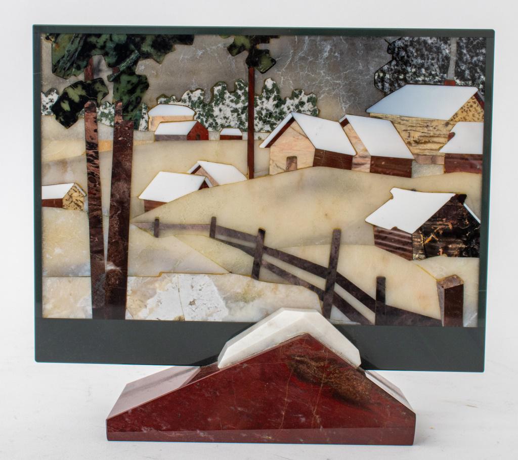 Pietra Dura Mosaic Self Standing Winter Landscape: Pietra dura plaque inlaid with marble, jasper, and stones to depict a winter landscape, raised on a marble base, apparently unsigned, circa second half of twentieth century. 7.5" H x 8.75" W x 2.75" D