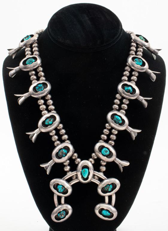 Signed Navajo Sterling Squash Blossom Necklace (1 of 8)