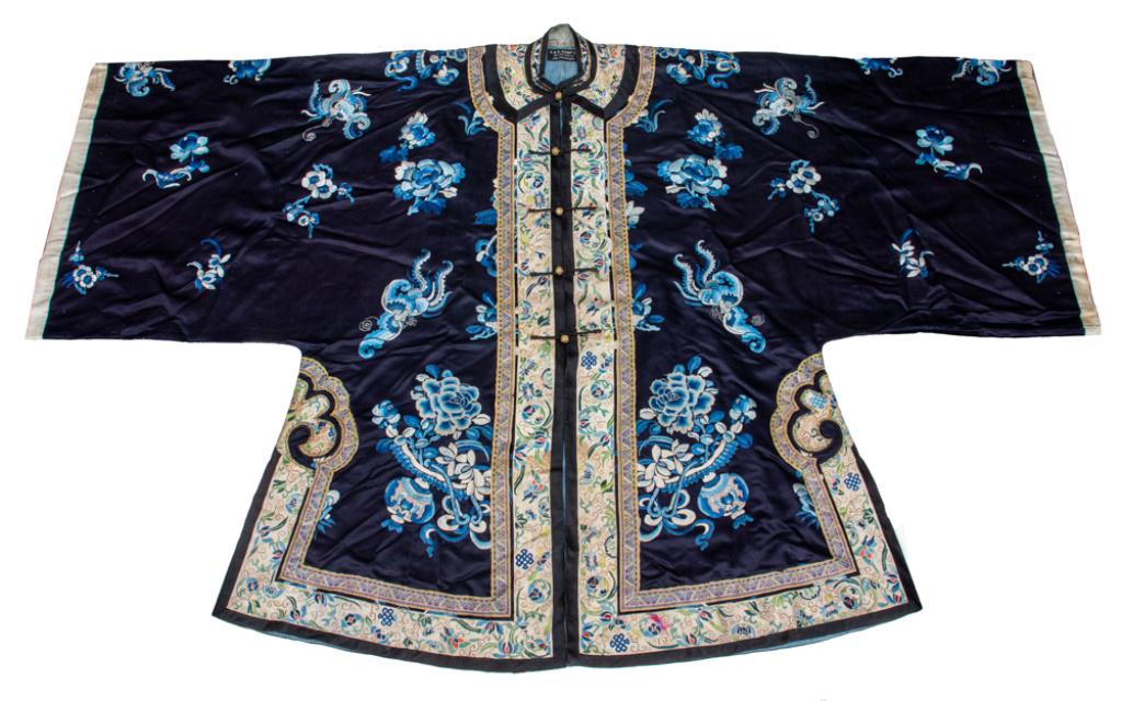 Art Deco S&G Gump Co. Embroidered Blue Silk Robe.: Art Deco Era S&G Gump Company blue silk robe embroidered with butterflies and flowers, with gilt brass buttons, original "S. & G. Gump Co. / 246-248 Post St. / San Francisco" label. 40.5" H x 64" W.
