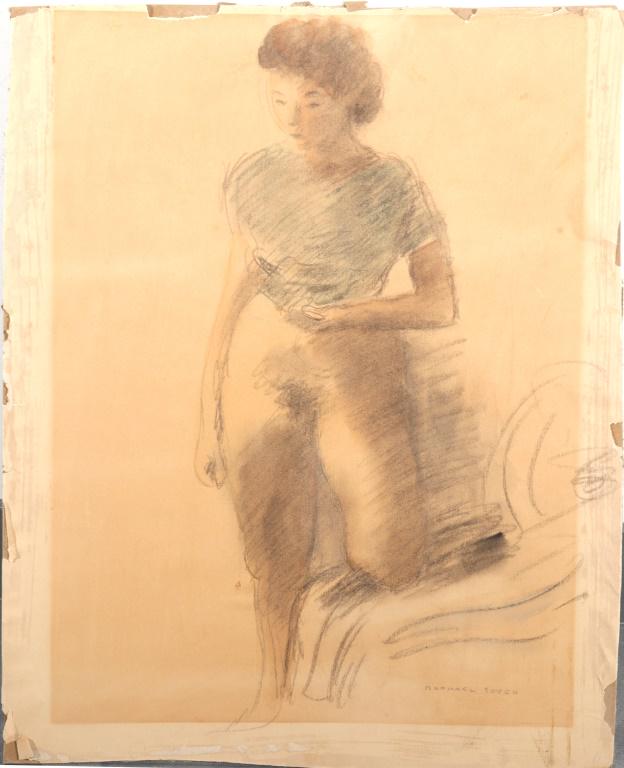 Raphael Soyer, Standing Nude, Pencil/Chalk Sketch: Raphael Soyer (Russian/American, 1899-1987) sketch of a nude woman standing, partly clothed in a blue camisole, executed in pencil and chalk on paper, signed in pencil lower right "Raphael Soyer." 17.