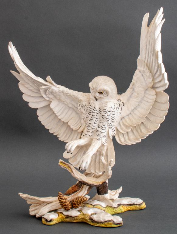 Boehm Bone Porcelain "Snowy Owl" Sculpture: Boehm "Snowy Owl" porcelain figurine, bisque porcelain decorated, numbered 11 from an edition of 350, marked "Made in England" to underside, made to commemorate the 'Boehm Porcelain Exhibition in Mosc
