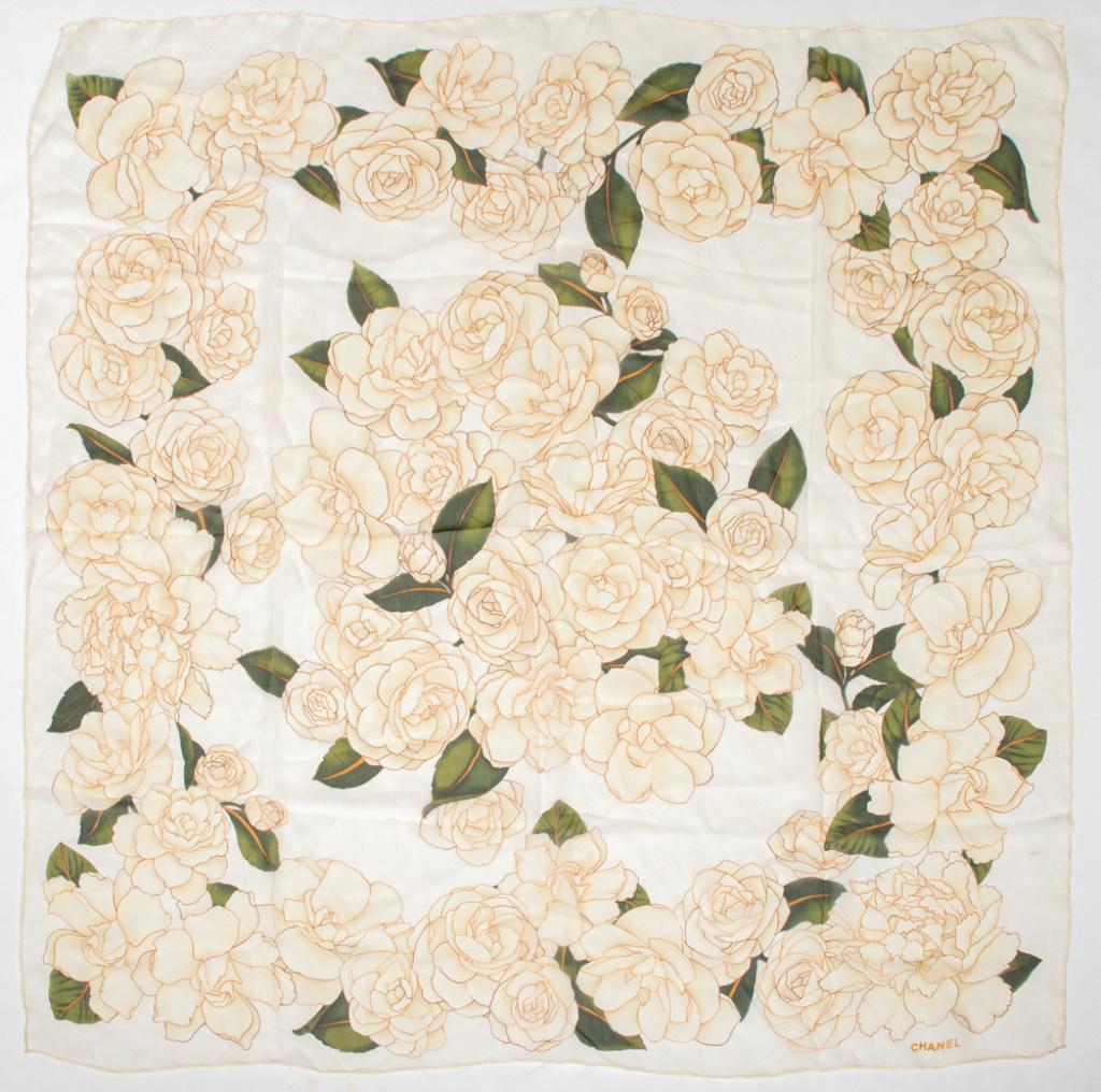 Chanel White Rose Motif Square Silk Chiffon Scarf (1 of 5)