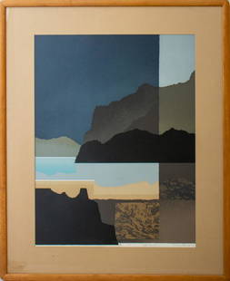 Arnold Hoffmann, Jr. "Storm Warning" Serigraph: Arnold Hoffmann, Jr. (American, 1915-1991) "Storm Warning" color serigraph depicting an abstract seascape with mountains, pencil signed under the place to lower right and titled to bottom, numbered "5