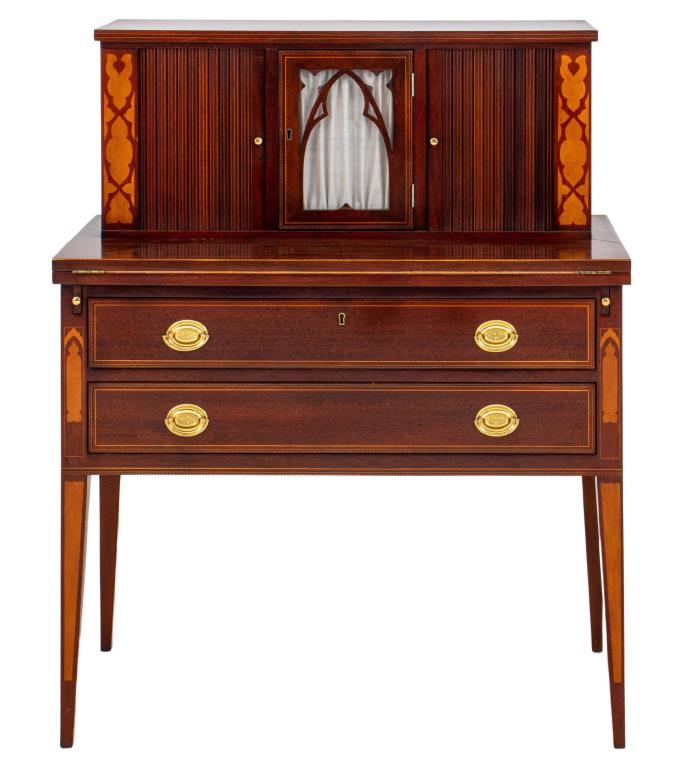 Kindel Oatlands Tambour Writing Table: Oatlands Tambour mahogany veneered writing desk by Kimbel Grand Rapids, a historical adaptation after a similar desk at the Oatlands Historic House in Leesburg, VA in collaboration with the National T