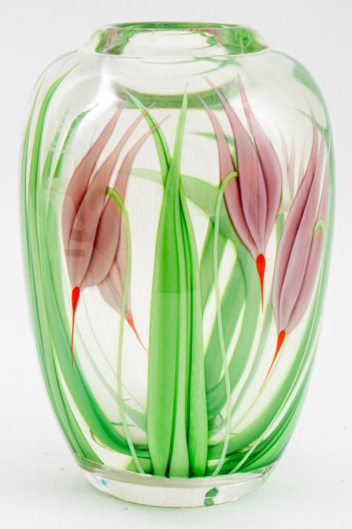 Beyers for Orient & Flume Studio Art Glass Vase: Scott Beyers (American, XX-XXI) for Orient and Fiume studio art glass vase with floral decor, signed "Beyers - Orient +Flume" to underside, circa 1984. 9" H x 5.5" Diameter.