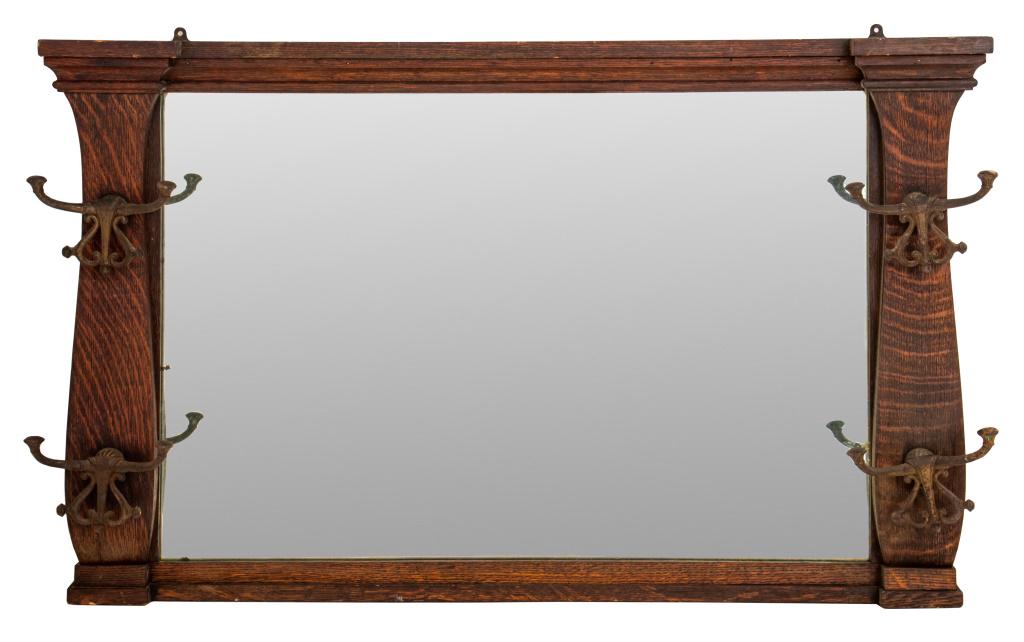 Arts & Crafts Oak Wall Mirror with Coat Hangers (1 of 7)