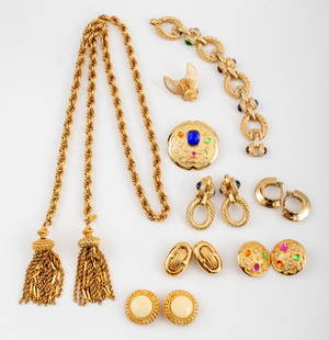 Vintage Costume Jewelry including Givenchy, 9 Pcs: Nine pieces of vintage costume jewelry comprising Givenchy oval clip earring, Givenchy half hoop earrings, unsigned bracelet and earring set, Saint John white enamel earrings, Park Lane brooch pin and