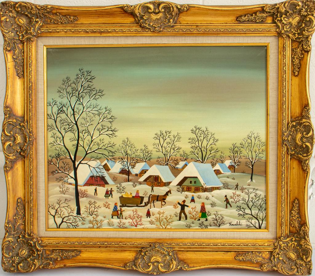 A. Kowalski Folk Art Winter Scene Oil on Canvas (1 of 14)