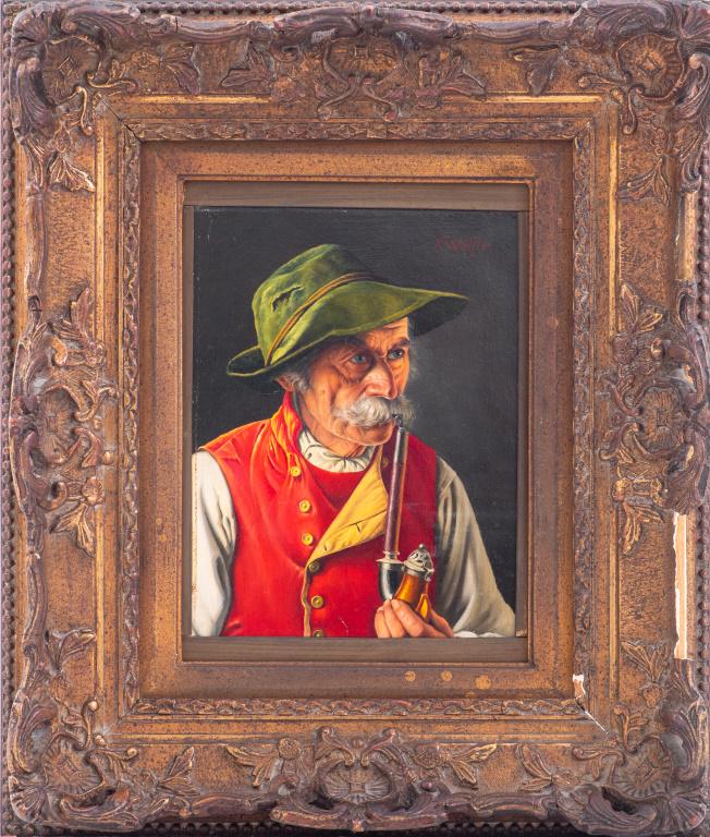 Franz Xaver Wolfle 'Man Smoking Pipe' Oil on Panel (1 of 6)
