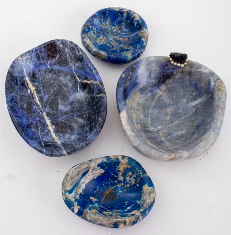 Lapis Lazuli Ashtray or Dish, 4: Group of four Lapis Lazuli vide poche dishes or ashtrays, one with chicken figurine and pearls on one side. Largest: 1.75" H x 5.25" W x 4" D.