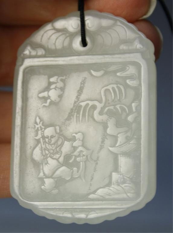 Chinese Carved Jade Pendant w/ Figure & Writing - 3
