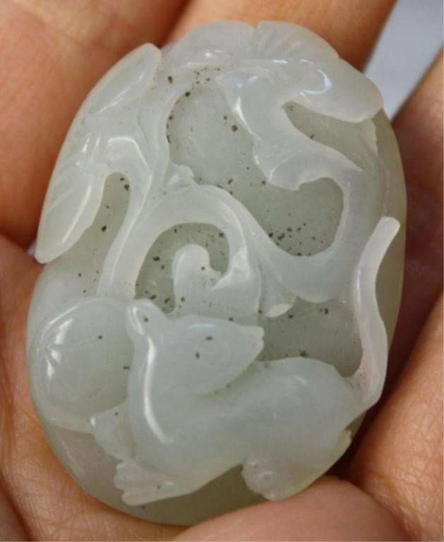Chinese Small Jade Carving of Mouse & Mushrooms