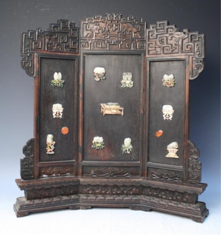 Chinese Zitan Screen w/ Jade, Ivory & Agate Inlays