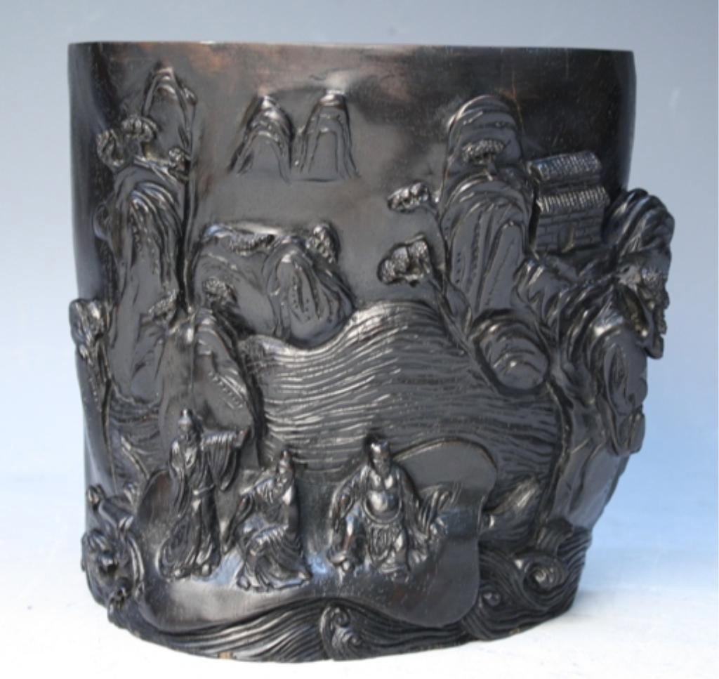 Chinese Carved Zitan Brushpot w/ Figural Scene