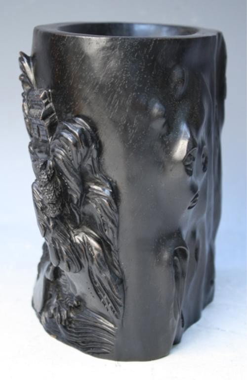 Chinese Carved Zitan Brushpot w/ Figural Scene - 2