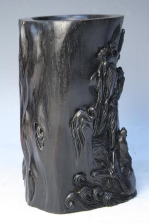Chinese Carved Zitan Brushpot w/ Figural Scene - 4