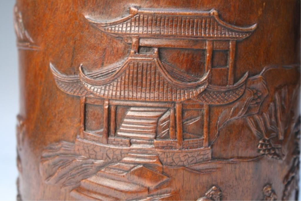 Chinese Carved Wood Brushpot w/ Figural Landscape - 10