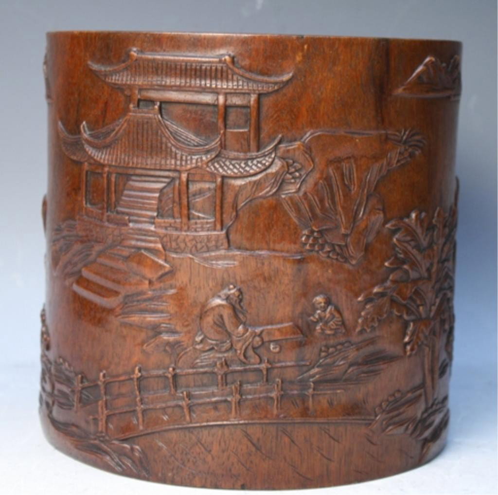 Chinese Carved Wood Brushpot w/ Figural Landscape