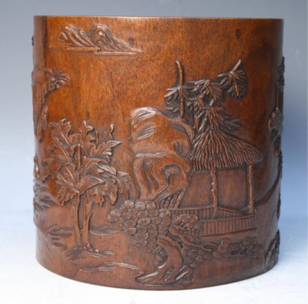 Chinese Carved Wood Brushpot w/ Figural Landscape - 2