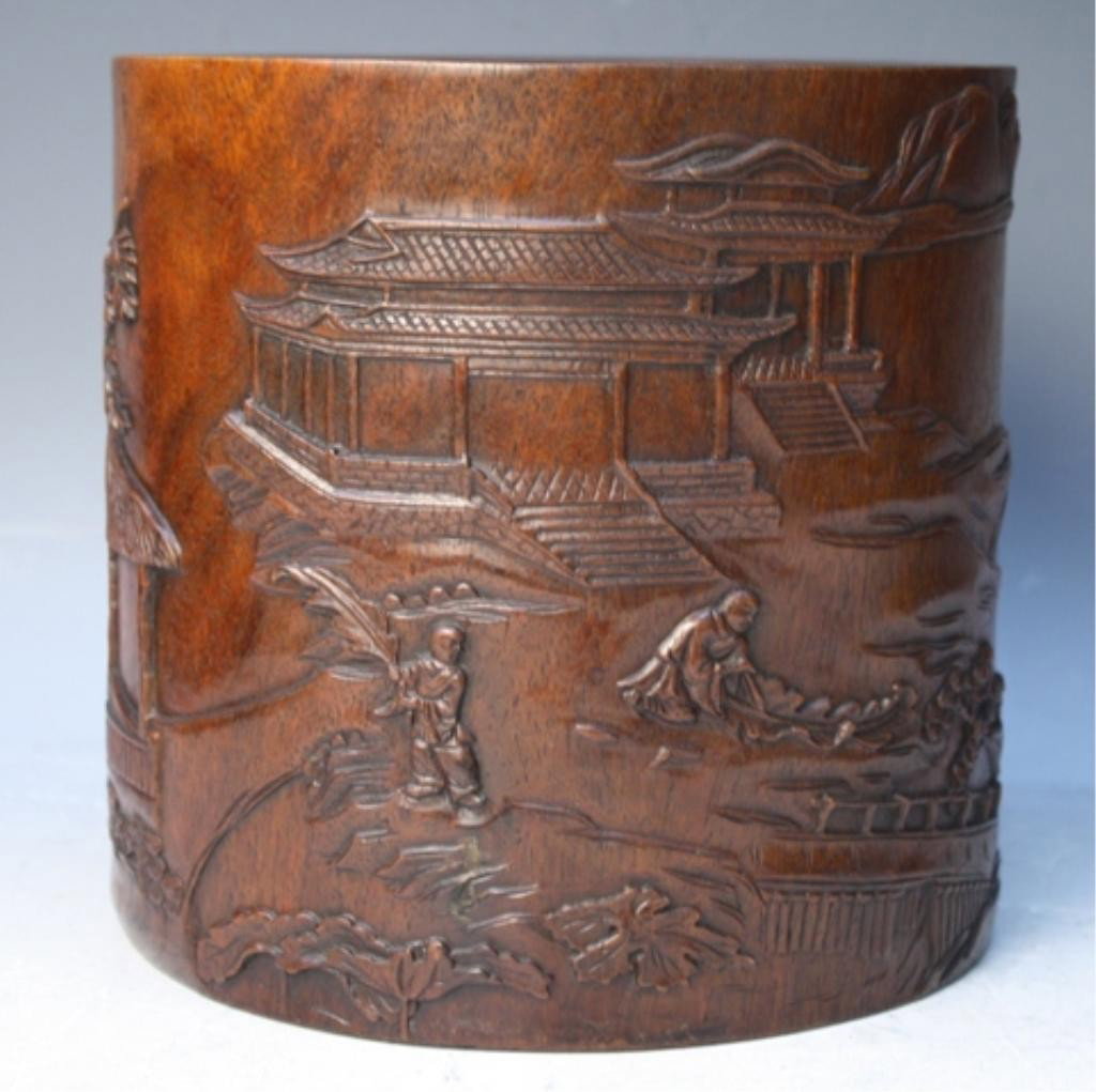Chinese Carved Wood Brushpot w/ Figural Landscape - 3