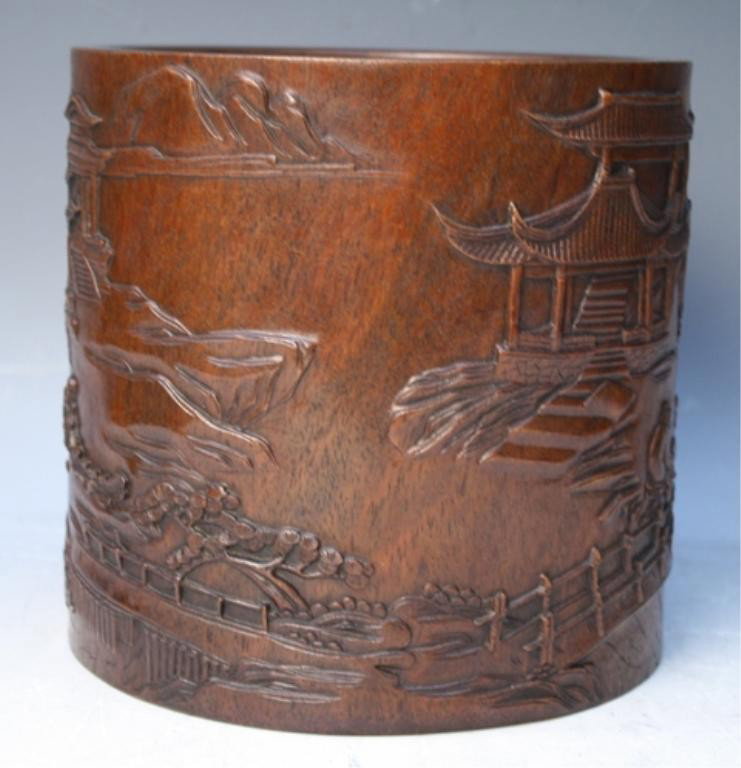 Chinese Carved Wood Brushpot w/ Figural Landscape - 4