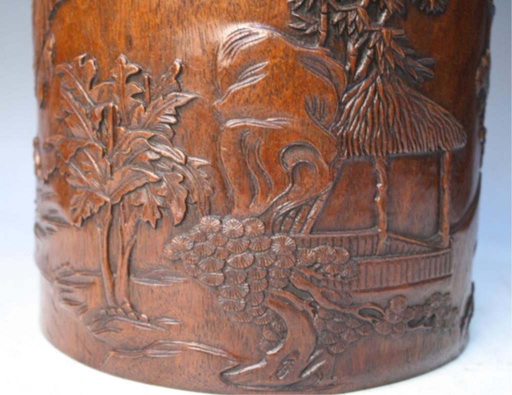 Chinese Carved Wood Brushpot w/ Figural Landscape - 8