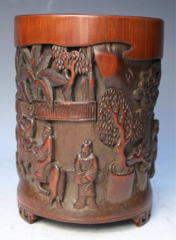 Chinese Carved Bamboo Brushpot w/ Figural Scene