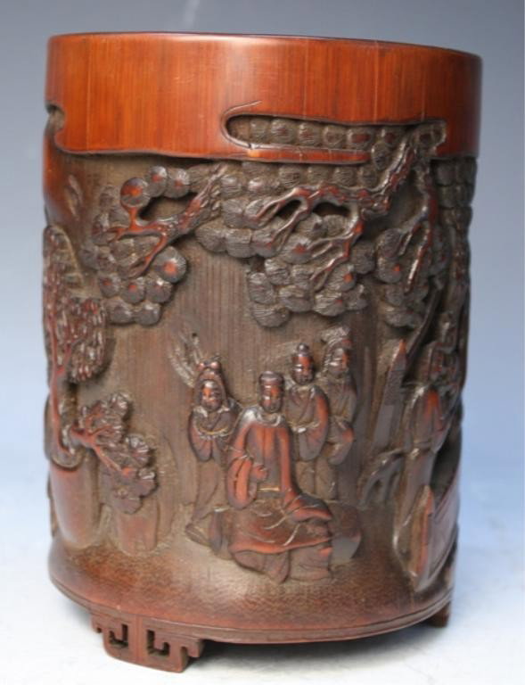 Chinese Carved Bamboo Brushpot w/ Figural Scene - 2