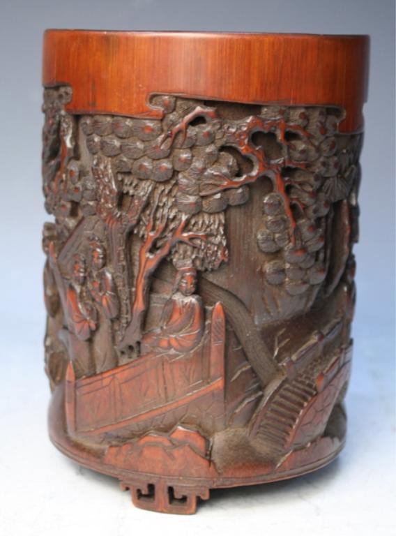 Chinese Carved Bamboo Brushpot w/ Figural Scene - 3